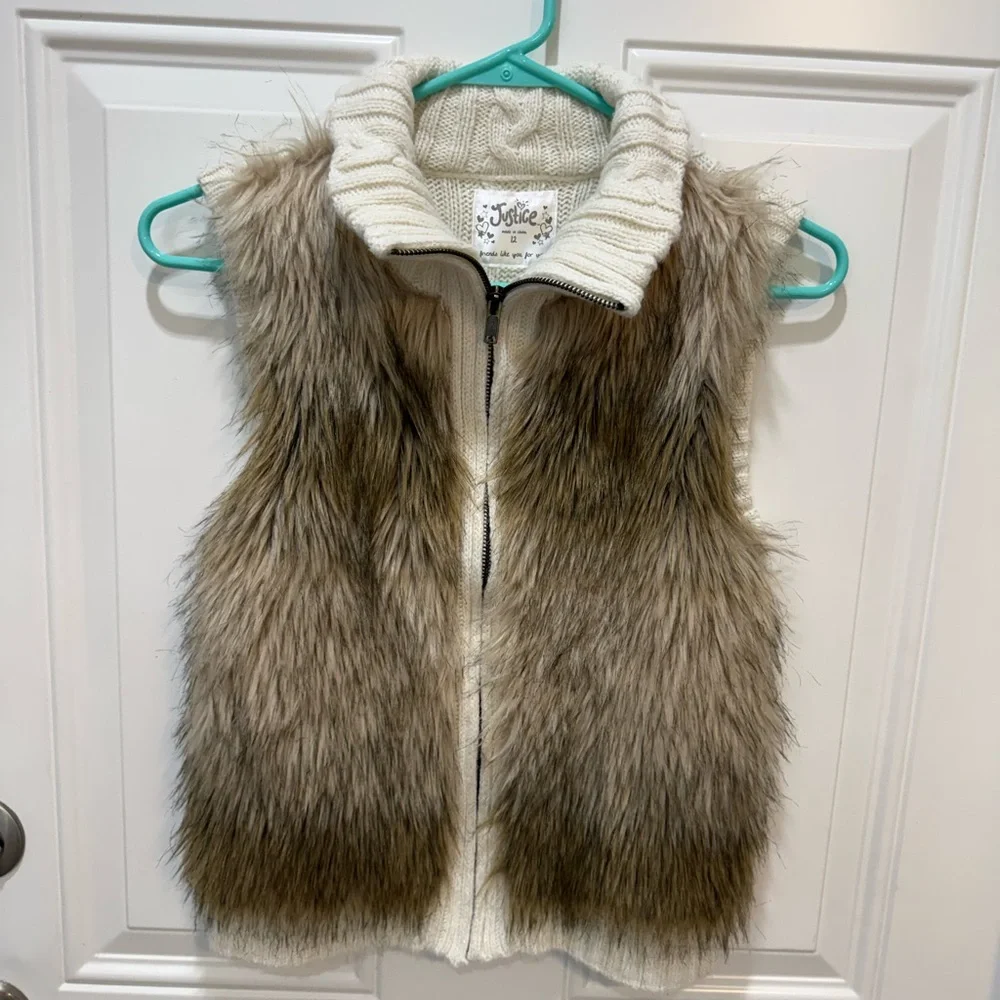 Justice Cream Knit Vest with Brown Faux Fur Front